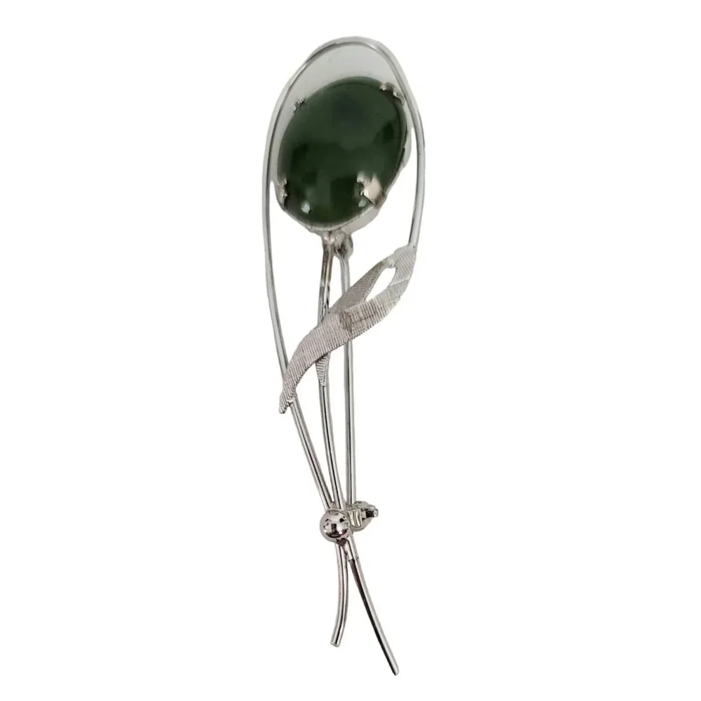 Sterling Silver Jade Flower Leaf Open Brooch Pin, M302